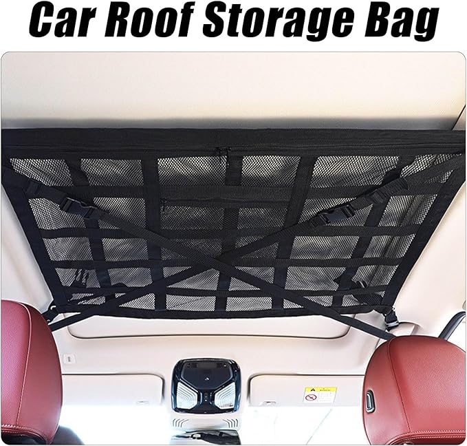 Overhead Car Organizer, Compatible with Chevrolet Silverado Pickup Truck 2019-2025 Car Roof Storage Net Universal Car Ceiling Storage for Camping Storage Bag,Black-Small