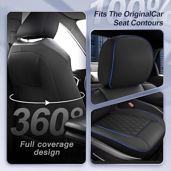 GIANT PANDA 2PCS Front Seat Covers for Hyundai, Piping Leather Durable Waterproof Seat Cover to Fit Sonata Elantra Santa Fe Tucson Accent Kona Palisade Genesis, Airbag Compatible (Black+Blue)