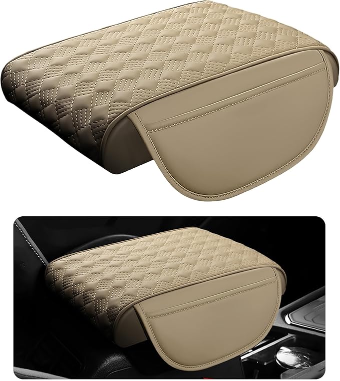 Hbxdeco Car Armrest Cushion, 12.2"×8.3" Leather Auto Memory Foam Center Console Pad with Storage Pocket, Waterproof & Anti-Scratch Elbow Pillow Armrest Seat Box Protector, Universal Fit (Beige)