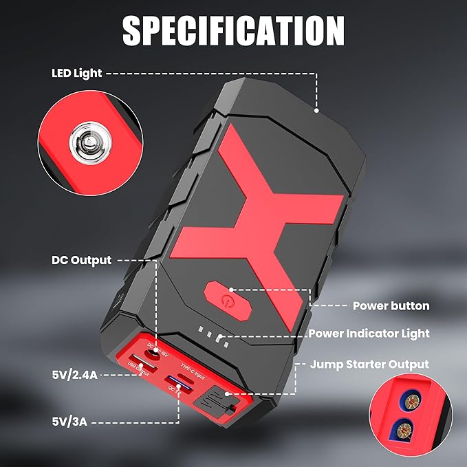 BOOKOO A9 Jump Starter 4000A for Car/Boat/Lawnmower(12L Gas/10L Diesel Engine) Portable 12V Car Battery Jump Starter with Jumper Cables,Quick Charging USB Ports and USB-C,3 LED Modes and Storage Box