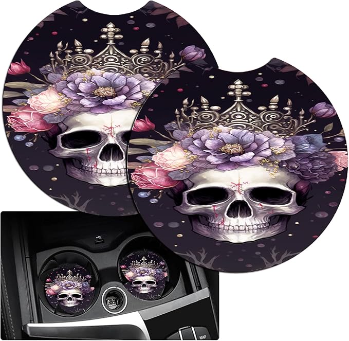 JANENFNA Car Armrest Cover Pads Universal Fashion Cute Auto Center Console Armrest Cover Pad with 2PCS Car Coasters Soft Waterproof Car Armrest Seat Protector for Women,Skull with Crown