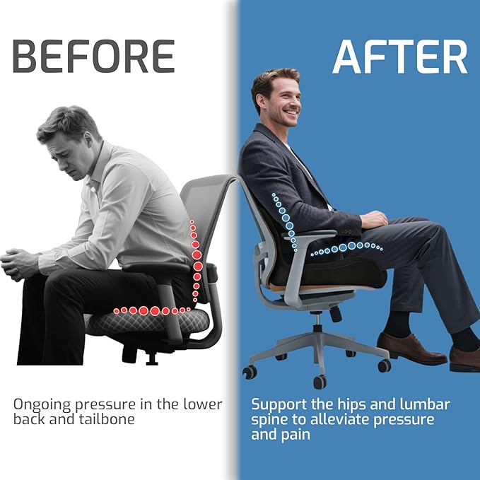 XZdream Memory Foam Seat Cushion,Office Chair Cushion with Lumbar Support for Back Pressure Relief, Car Seat Cushion with Adjustable Strap,Sciatica Pad Cushions for Car,Truck (Black+Mesh Cloth)