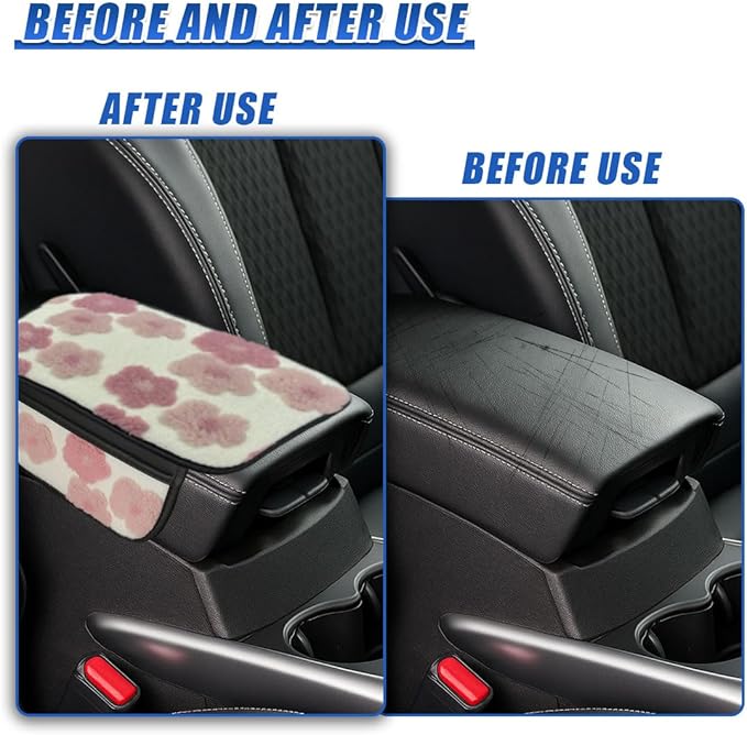 Car Center Console Cover, Soft Fluffy Car Armrest Seat Box Cushion Pad with 2 Storage Bags, Universal Vehicle Interior Protector Accessories for Most Sedans, SUVs, Trucks (Pink)