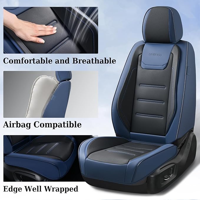 Coverado Car Seat Covers Full Set, Seat Covers for Cars, Waterproof, Leather Car Seat Cushion, Universal Car Interior Covers Seat Protectors for Most Cars Blue