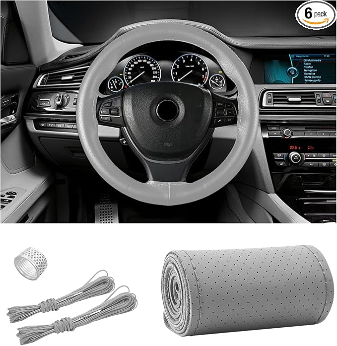 Ziciner Genuine Leather Steering Wheel Cover, Stitch on Wrap, Breathable Anti-Slip Car Steering Wheel Protector for Max Diameter 15 Inch, DIY Sewing with Needles Thread (Gray, Hole)