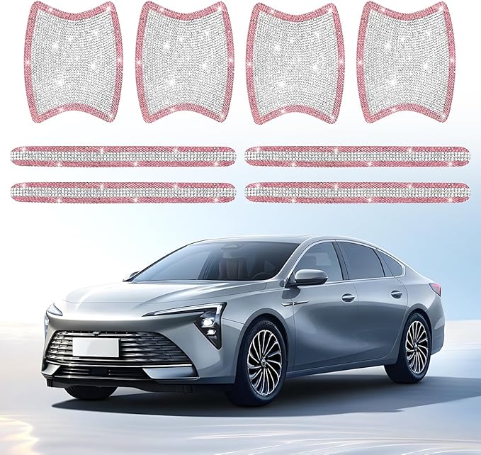 Mandark 8PCS Bling Car Door Handle Protector, Crystal Rhinestone Vehicle Door Bowl Protective Sticker, Glitter Anti-Scratch Auto Decor Decals Accessories, Universal for SUV, Sedan, Truck (White/Pink)