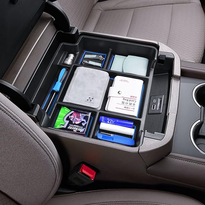 EDBETOS Center Console Organizer Tray for 2021-2025 Chevy Tahoe/Suburban and 21-2024 GMC Yukon Accessories, Fit Standard Console with Charging Socket Only, NOT for Power Sliding Console, Blue