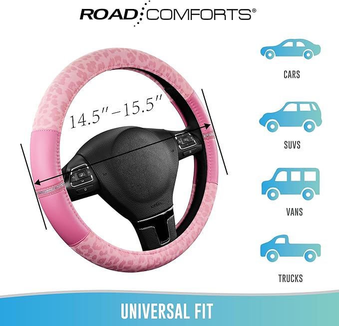 Road Comforts Leopard Steering Wheel Cover - Made with PVC Leather Cheetah Print - Anti-Slip, Universal Fit 14 1/2 inches to 15 inches - Pink