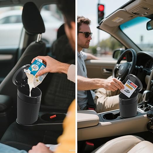 Car Trash Can Bin with Lid, Leakproof Garbage Can for Vehicle, Mini Trash Bin with 90 Attached Trash Bags, Easy to Clean Cup Holder Trash Can for Car, Home, Office