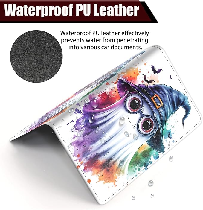 Car Registration Holder, PU Leather Vehicle Glove Box Organizer for Driver License, Document, Car Insurance Holder with Magnetic Shut, Auto Paperwork Wallet Case Accessories, Ghost Witch Hat Halloween