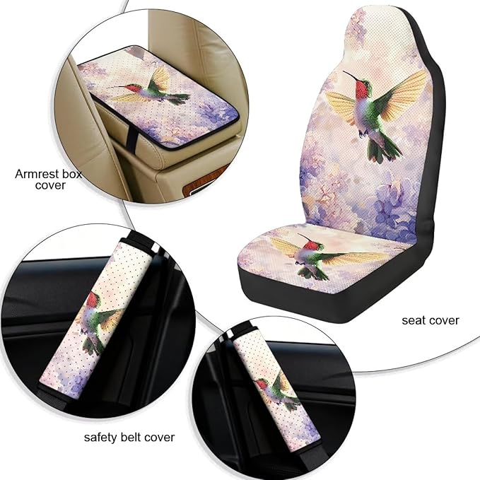 Qeluxign 5 Piece Car Seat Covers Full Set,Hummingbird Lavender Floral Front Seats Cover/Auto Seatbelt Shoulder Pads/Center Console Armrest Cover,Universal Car Accessories Men Women Gifts