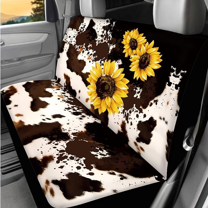 Dngkaoje Sunflower Car Seat Covers Set for Women 13 Pack Cute Cow Print Auto Interior Seat Protective Hanging Trash Bag,Seatbelt Shoulder Pads,Universal Steering Wheel Cover Sunflower Armrest Pad