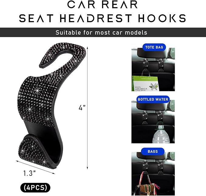 4PCS Bling Car Seat Headrest Hooks, Auto Back Seat Hanging Storage Organizer for Purse Handbag Coat, Rhinestone Vehicle Seat Hanger Holder for Women Girls, Car Accessories (Black)