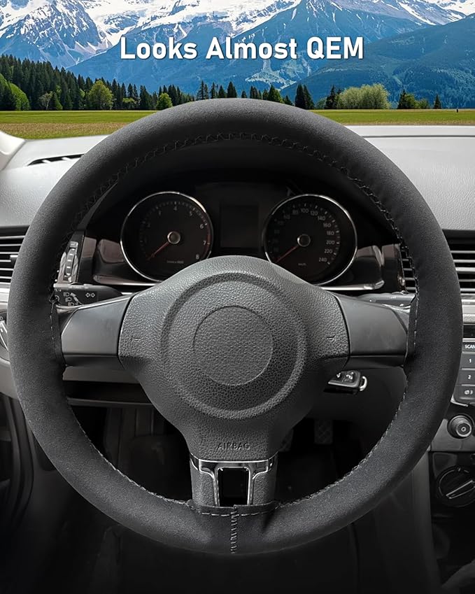 Belinous Suede Leather Steering Wheel Cover, DIY Stitch-On Steering Wheel Wrap with Needle & Thread, Non-Slip & Sweat-Absorbing, Universal Fit for 13.75-16 Inch (Size L4, Black)