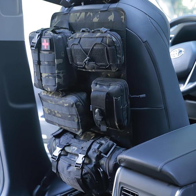 BXBXHD 6 Pack Tactical Truck Organizer Back Seat Storage Car Seat Storage Bag Molle Panels for vehicles, Car and SUV with Lots of Handy Compartments (Black Camo)