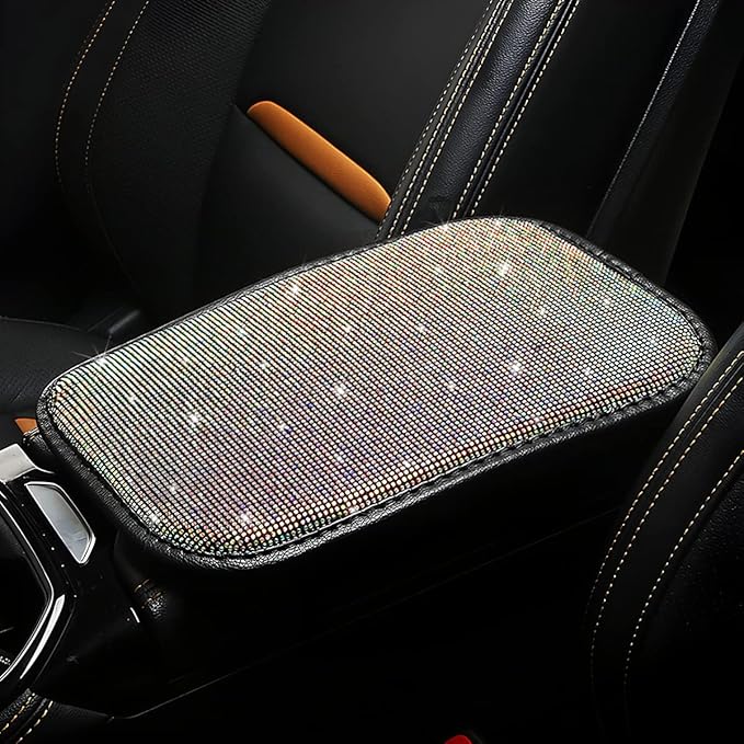 Bling Center Console Cover, Diamond Fashion ArmRest Pad, Crystal Soft Arm Rest Protective Cushion, Car Accessories for Women Girls, 11.8"×8.5" for Most of Vehicles, SUVs, Trucks (Black&MultiColour)