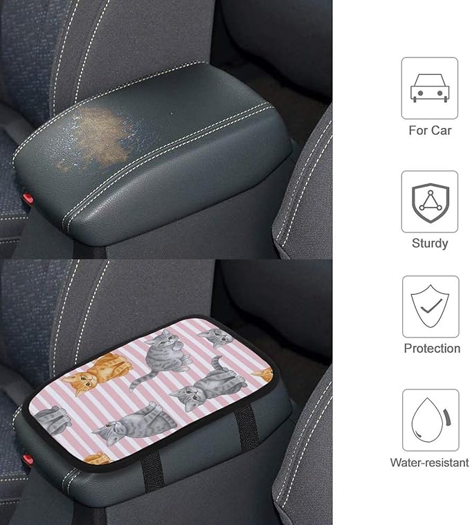 Auto Center Console Cushion Pad Pink Stripes Cute Cat, Waterproof Armrest Box Protection Cover, Comfortable Interior Accessories