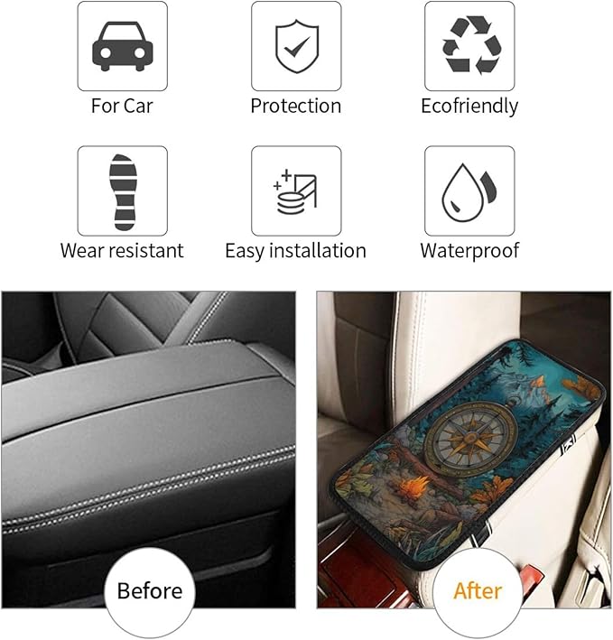 Nature Mountain Compass Center Console Cover Pad, Car Armrest Seat Box Cover Cushion Universal for Most Vehicle SUV Truck, Car Interior Accessories Decor, Protect from Pet Claws & Dirt