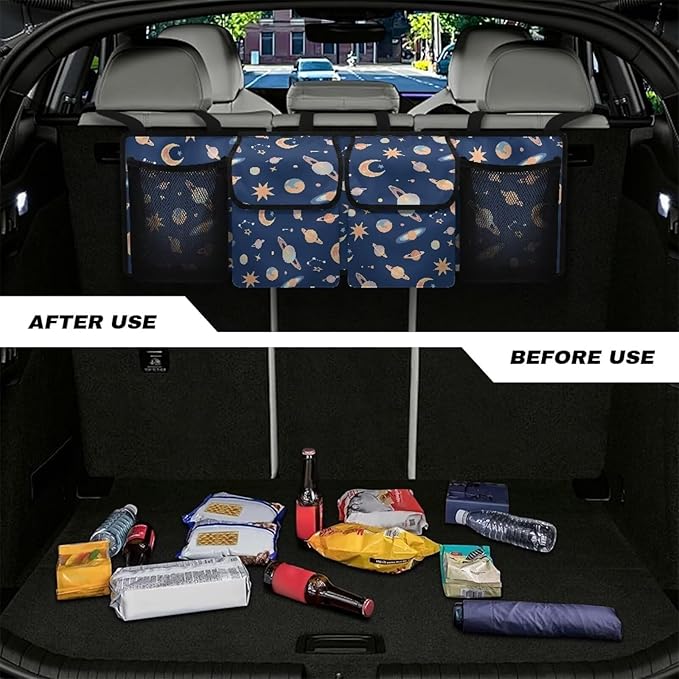 Car Trunk Organizers, Space Planets 37.1" x 11.8" Backseat Hanging Organizer with 4 Storage Bag, Waterproof Car Organizer with Adjustable Strap, Road Trip Large Capacity Bag for Car SUV