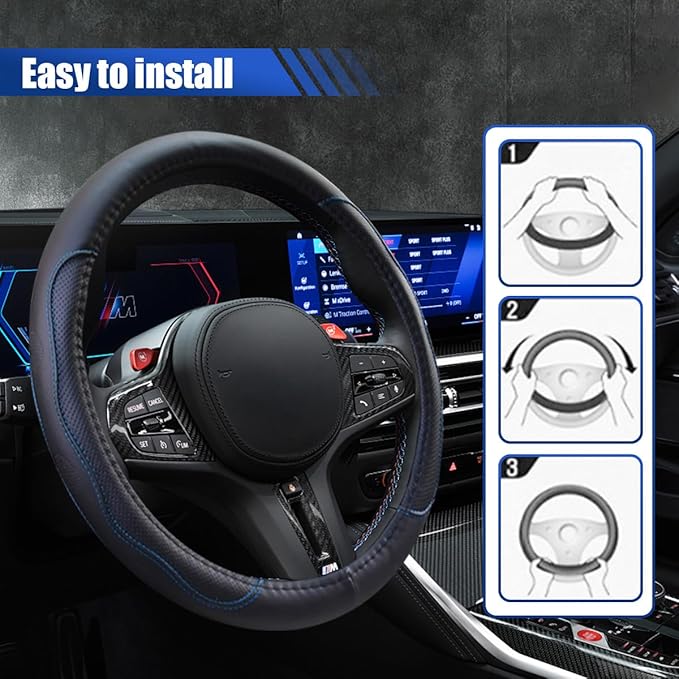 Car Steering Wheel Cover, 15 Inch Leather Anti-Slip Breathable Automotive Steering Wheel Protector, Universal Heat Resistant Vehicle Interior Accessories Cars, SUVs, Trucks(BlackBlue)