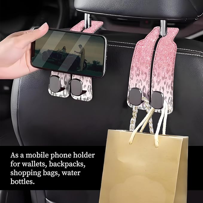 NUGGHU Car Seat Headrest Hook, Universal Leather Cute Hanger Holder Hook, Storage Organizer Interior Accessories for Purse Bags Handbag Pink Glitter Leopard