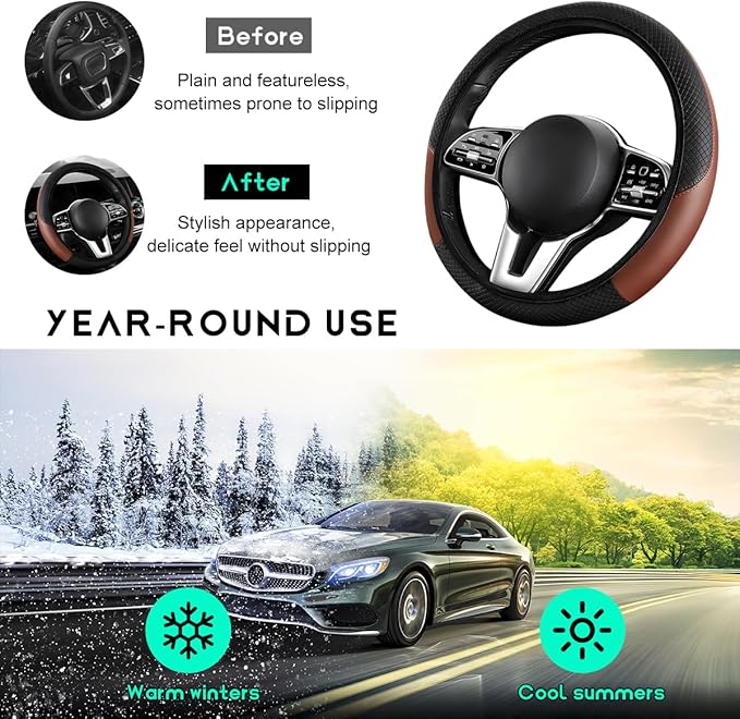 Car Steering Wheel Cover, 15 inch Carbon Fiber Microfiber Leather Elastic Steering Wheel Protector, Breathable Anti-Slip Comfortable Steering Wheel Covers for Most Cars (Black&Khaki, AD)