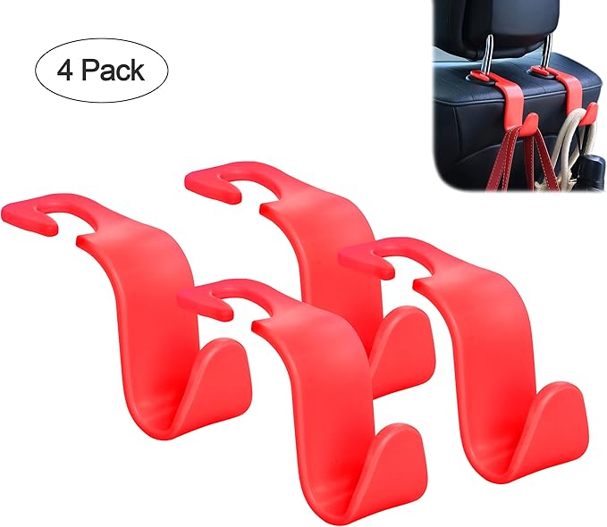 Amooca Car Seat Headrest Hook 4 Pack Hanger Storage Organizer Universal for Handbag Purse Coat Universal fit Vehicle Car S Type Red