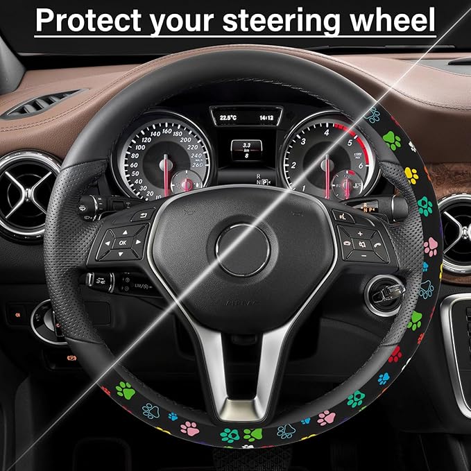 Steering Wheel Cover Neoprene Material Most Cars Men&Women Universal 15 inch Premium Non-Slip Spring Steering Wheel Protector Floral Car Accessories (Black Foot)
