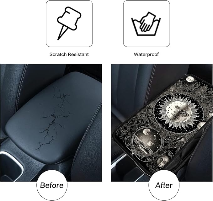 JANENFNA Car Armrest Cover Pads Universal Fashion Cute Auto Center Console Armrest Cover Pad with 2PCS Car Coasters Soft Waterproof Car Armrest Seat Protector for Women,Sun Moon Star