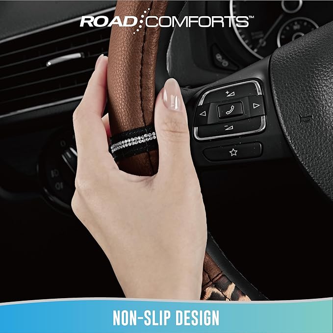 Road Comforts Leopard Steering Wheel Cover - Made with PVC Leather Cheetah Print - Anti-Slip, Universal Fit 14 1/2 inches to 15 inches - Brown