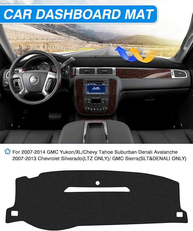 CARTIST Dash Cover Fits for 2007-2013 Chevy Silverado Sierra(NOT fit LT/WT/LS), 2007-2014 Chevy Tahoe Suburban Denali Avalanche & GMC Yukon/XL Without Dash Speaker(Only fit ONE Glove Boxes)