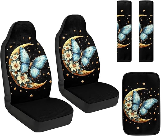 Qeluxign Car Seat Covers Butterfly Moon Star 2 Front Seats Universal Fit Center Console Protector Auto Seat Belt Cover Against Stains, Spills, Dust Car Interior Accessories 5 Piece Set