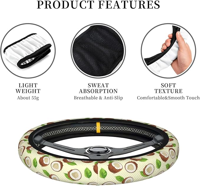 Coconut Yellow Steering Wheel Cover for Women Men Girls, Car Accessories Decor Thickened Anti-Slip Auto Steering Wheel Covers Protector Universal Fit 15 Inch for Cars, Truck, SUV