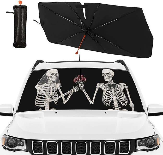 DOPINDU Funny Skull Car Windshield Sun Shade Umbrella Bendable Handle Foldable Skeleton Sunshade for Car Windshield Block UV Rays Keep Vehicle Cool for Most Sedans SUV Trucks Cars 57"x30"