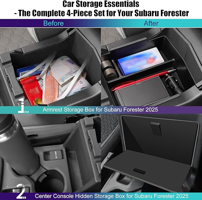 Upgraded Center Console Organizer for Subaru Forester Accessories 2025 2026, Armrest Storage Box + Silicone Cup Holder + Hidden Box + Wireless Charging Protective Pad With Non-Slip Mat 4Pcs Set, Black