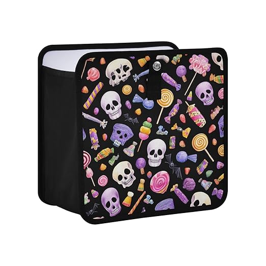 Car Trash Can Organizer Bin with Adjustable Strap for Back Front Seat Console Waterproof Leakproof Collapsible Portable 11 Inch Halloween Skulls Lollipops Candies