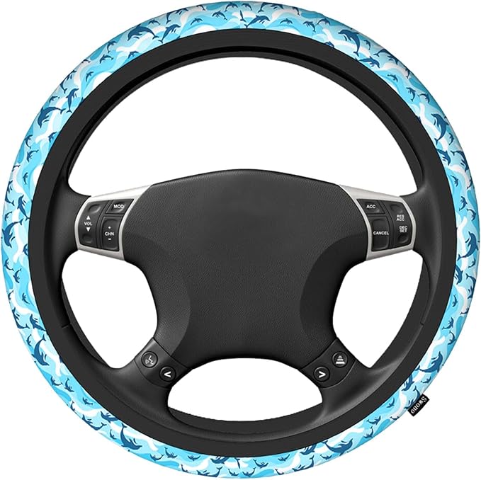 Swono Swimming Dolphin Steering Wheel Cover Cartoon Swimming Dolphin On Sea Wave Blue Background Universal 15 Inch Auto Car Steering Wheel Covers SUV Anti Slip Wheel Wrap Protector for Men Women