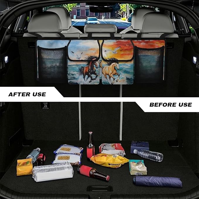 Back Seat Trunk Organizer Running Horses Seagull Hanging Car Organizer Trunk Foldable Cargo Storage with Pockets& 3 Adjustable Straps 37.01x11.81 inch,Car Decoration