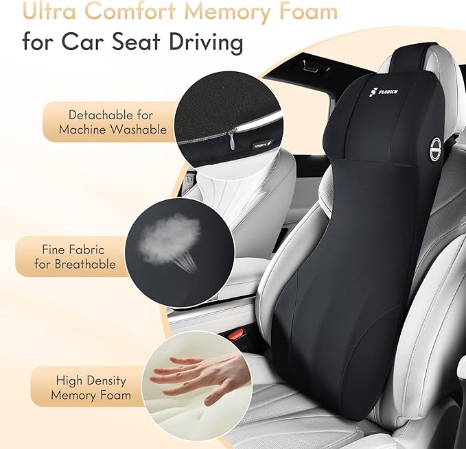 FLORICH Memory Foam Car Lumbar Support with Headrest Pillow 2-in-1 Car Seat Headrest & Lumbar Cushion Ergonomic Back Support Pillow Seat Cushion for Car Seat Driving Neck Back Pain Relief, Black