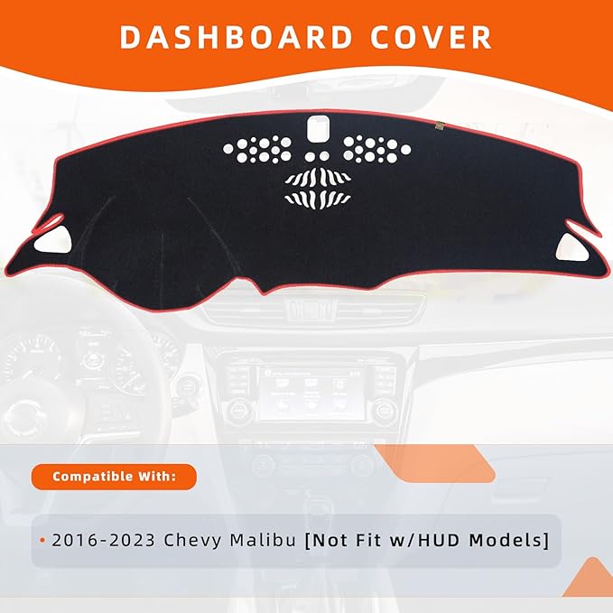 KEYOOG Dashboard Cover Dash Mat Fit for Chevy Malibu 2023-2016 (Without HUD Models), Car Dash Board Mat Anti-Glare Carpet, Non-Slip Pad Sunshield Protector (Red Border Banding)