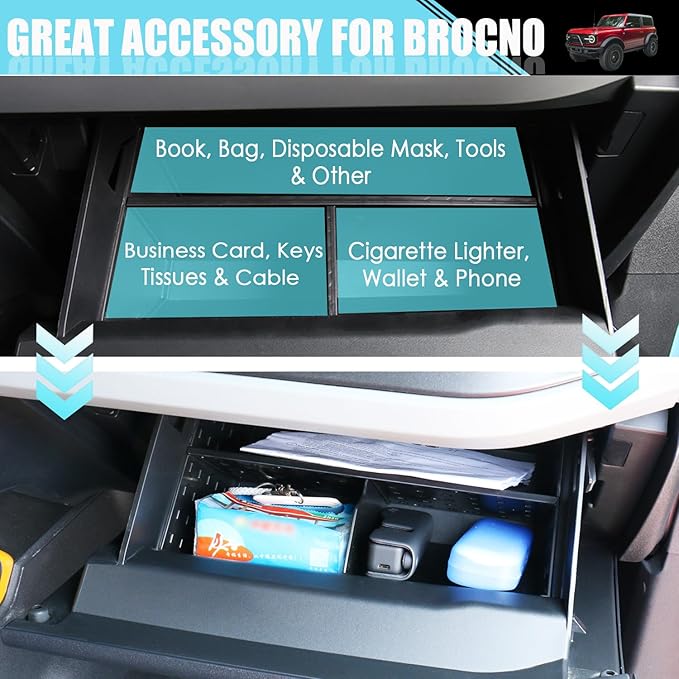 Glove Box Organizer for Ford Bronco 2021 2022 2023 2024 Divide the Glove Box Compartment Tray for Bronco 2/4DR, Passenger Side Storage Dividers Increase Storage Space for Bronco Accessories