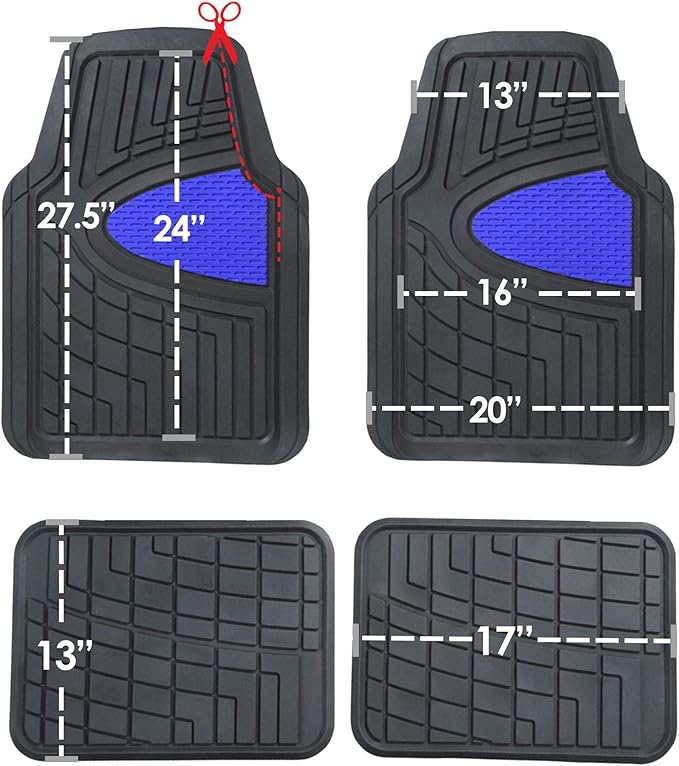 TLH Premium Tall Channel Rubber Car Trimmable Floor Mats - Heavy-Duty Blue Rubber Floor Mats, Universal Fit Full Set, Climaproof™ Floor Mats, Trimmable Floor Mats for Most Sedan, SUV, Truck