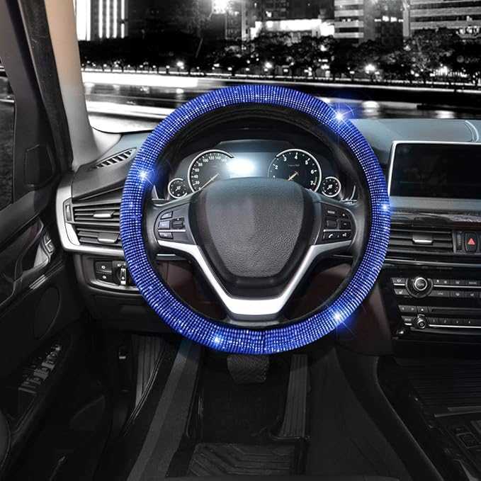 Valleycomfy Steering Wheel Cover for Women Men Bling Bling Crystal Diamond Sparkling Car SUV Wheel Protector Universal Fit 15 Inch (Black with Blue Diamond,Standard Size(14" 1/2-15" 1/4))
