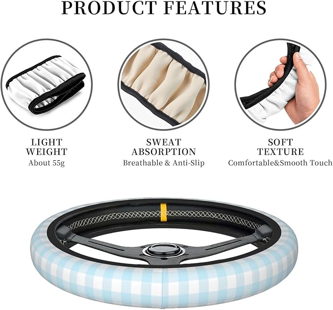Thickened Elastic Steering Wheel Cover, Baby Boy Pastel Blue Gingham Plaid Ultra, Soft, Breathable, Fit for Cars, SUVs, Trucks, Stylish Comfortable Grip