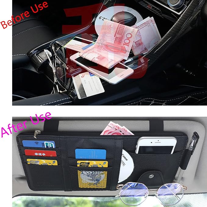 Aturmon 2 Packs Car Sun Visor Multi-Pocket Organizer for SUV & Truck, Auto Visor Storage Pouch with Big Zipper Pocket, Card Sleeve, Driving License, Insurance, Sunglasses, Pen, Key, Lipstick
