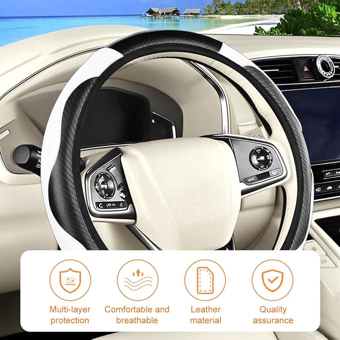Carbon Fiber Car Steering Wheel Cover, 14.5-15 Inch Elastic Stretch Steering Wheel Guard, Sports Style Non-Slip Automotive Interior Accessories, Universal for Vehicles (Black/White)