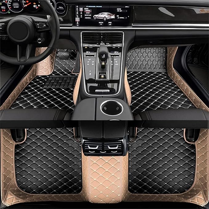 Custom Car Floor Mats Fit for 99% Sedan SUV Sports Car Full Coverage Pads Leather Floor Liners Mat Women Men (Black&Beige)