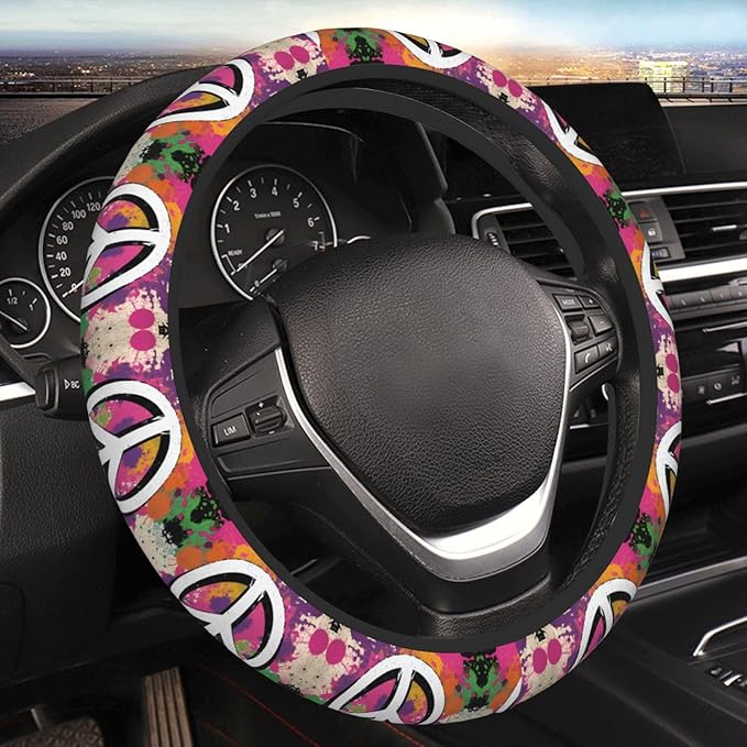 Colorful Art Peace Sign Neoprene Steering Wheel Covers Women Men Car Accessories, Universal 15 Inch Fit Auto, Suvs, Truck
