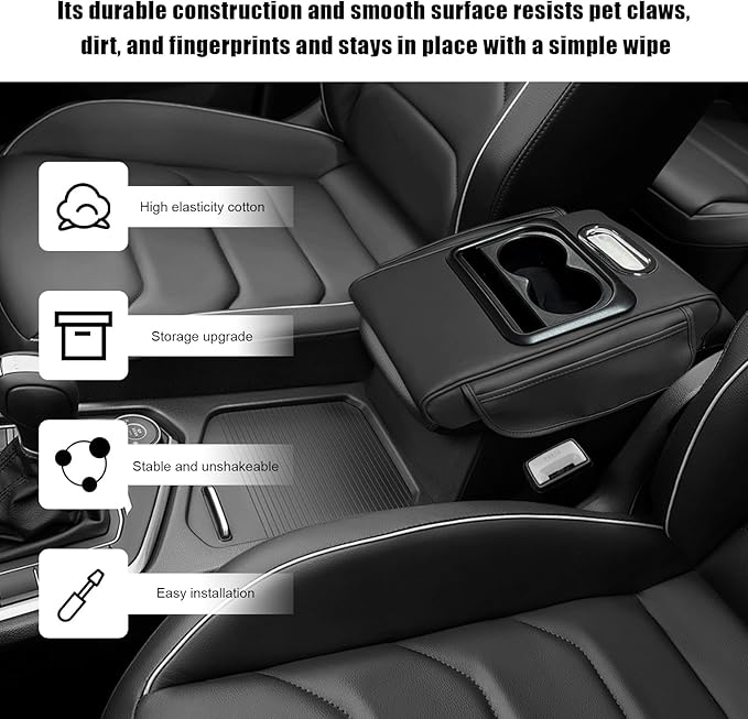 Car Center Console Armrest Pillow, Leather Arm Rest Cover Pad with 2 Storage Pockets Cup Holder & Phone Slot, Soft Middle Console Cushion Protector for Most Vehicles (Black, Normal)