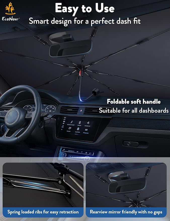 EcoNour Premium Umbrella Windshield Sun Shade for Car | Foldable UV Blocker Front Windshield Sunshade | Umbrella Shade Accessories with Storage Pouch | Full Size SUVs &MPV| Large - 61"x35"